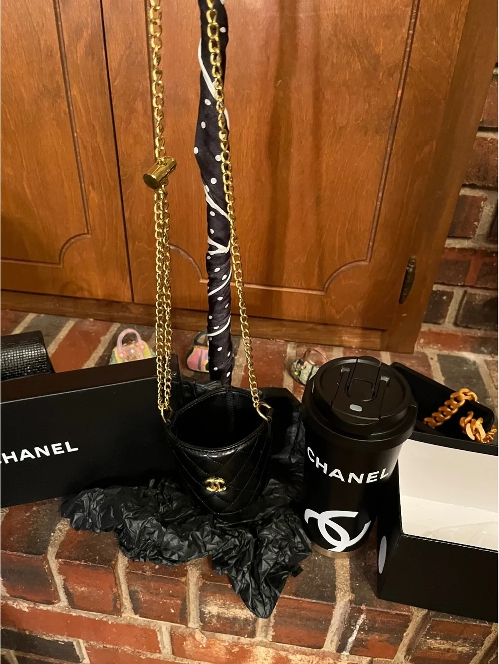 GWP - CHANEL Black and Gold Travel Mug with Quilted Crossbody Cup Holder